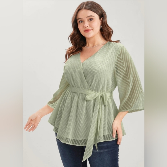 Geometric Mesh Surplice Neck Belted Ruffles Blouse - Picture 3 of 5